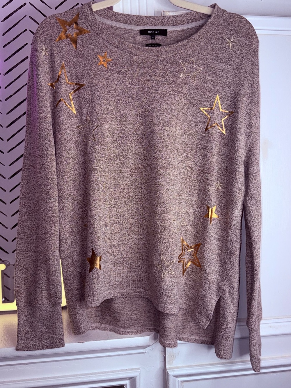 Miss Me Taupe Crewneck Sweater with Metallic Gold Stars